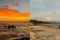 Sejumlah pengunjung menikmati suasana pantai dan mandi laut saat senja di kawasan Pantai Lhoknga, Aceh Besar, Minggu (13/4/2026).
