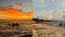 Sejumlah pengunjung menikmati suasana pantai dan mandi laut saat senja di kawasan Pantai Lhoknga, Aceh Besar, Minggu (13/4/2026).