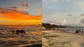 Sejumlah pengunjung menikmati suasana pantai dan mandi laut saat senja di kawasan Pantai Lhoknga, Aceh Besar, Minggu (13/4/2026).
