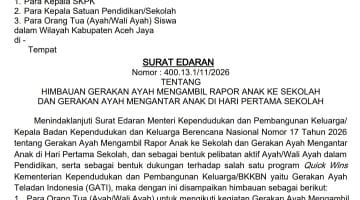 Bupati Aceh Jaya Imbau Para Ayah Ambil Rapor dan Antar Anak Dihari Pertama Sekolah